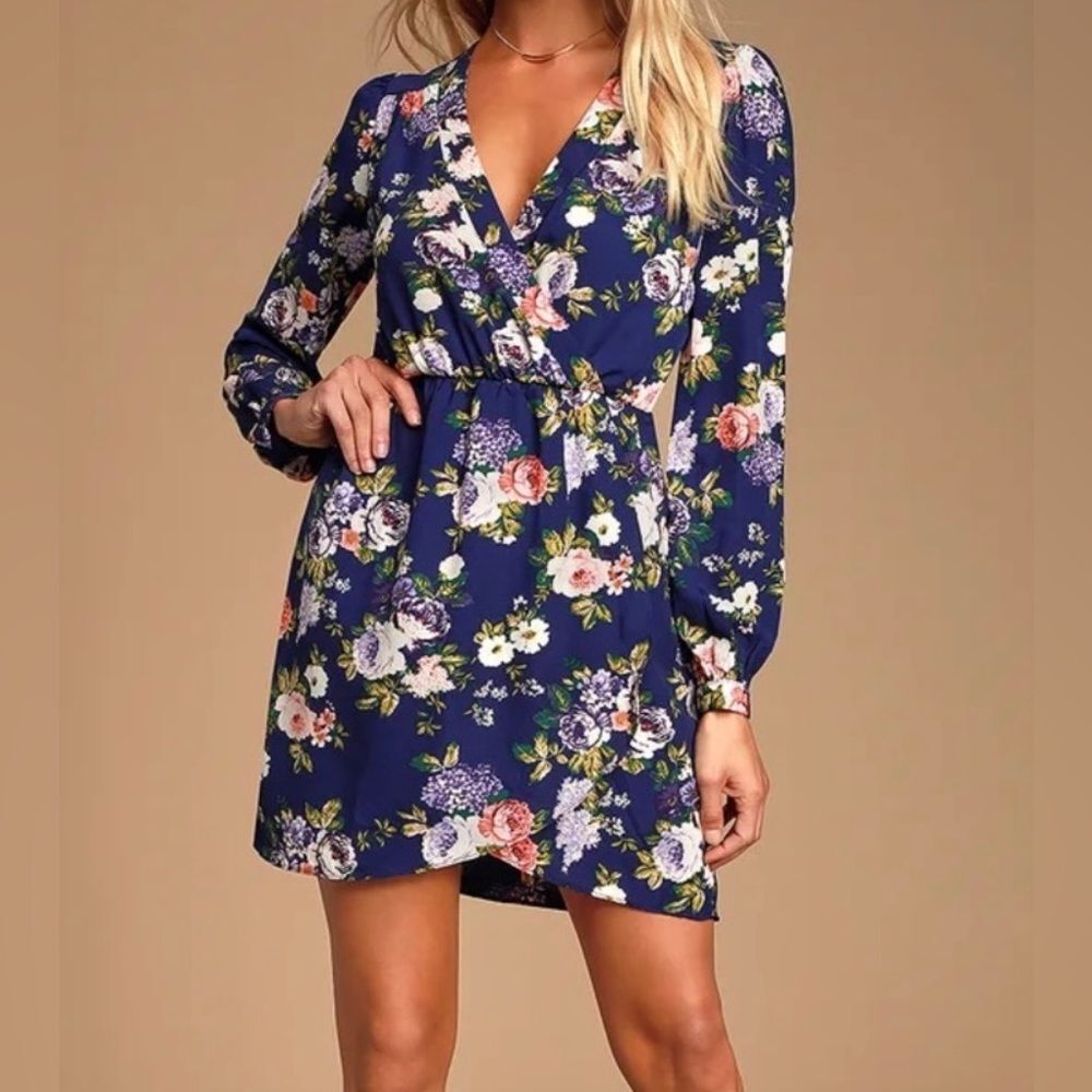 Lulu's Navy Floral Wrap Midi Dress
